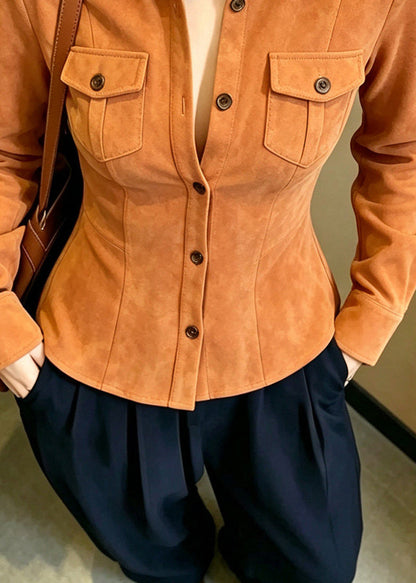 Fashion Orange Shirt Button Peter Pan Collar Long Sleeve