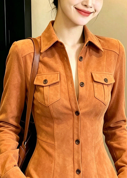Fashion Orange Shirt Button Peter Pan Collar Long Sleeve