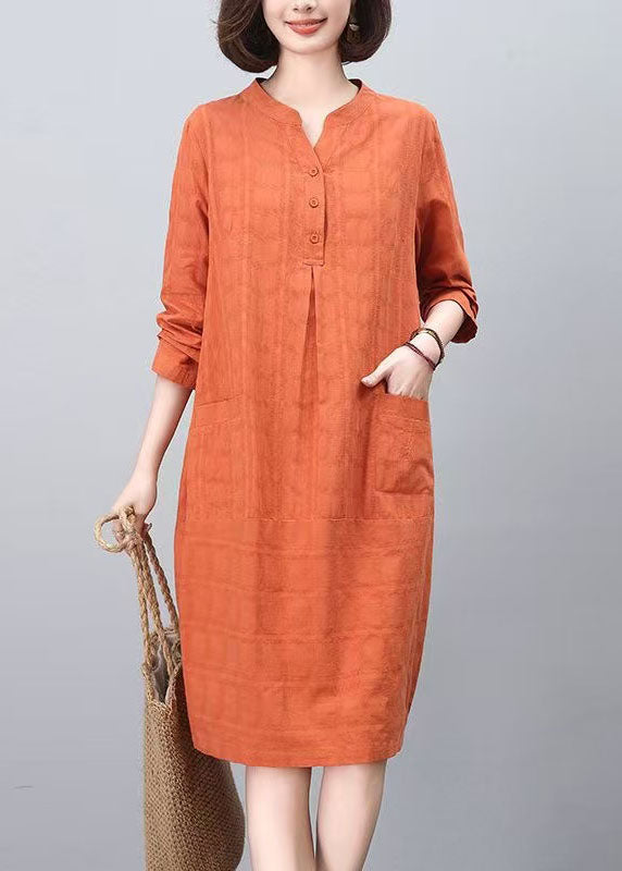 Fashion Orange Stand Collar Cotton Mid Dresses Spring