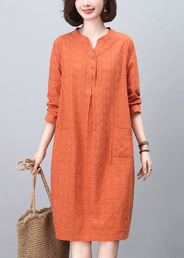 Fashion Orange Stand Collar Cotton Mid Dresses Spring