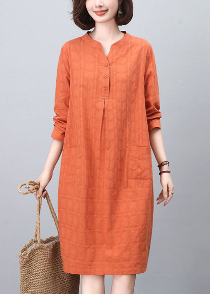 Fashion Orange Stand Collar Cotton Mid Dresses Spring