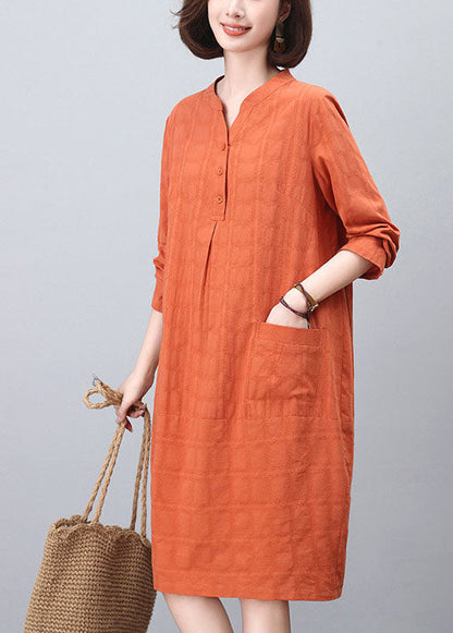 Fashion Orange Stand Collar Cotton Mid Dresses Spring