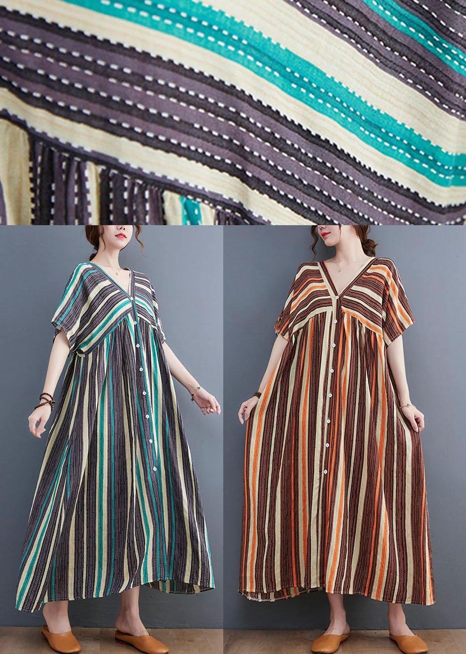 Fashion Orange Striped V Neck Patchwork Holiday Cotton Linen Dress - SooLinen