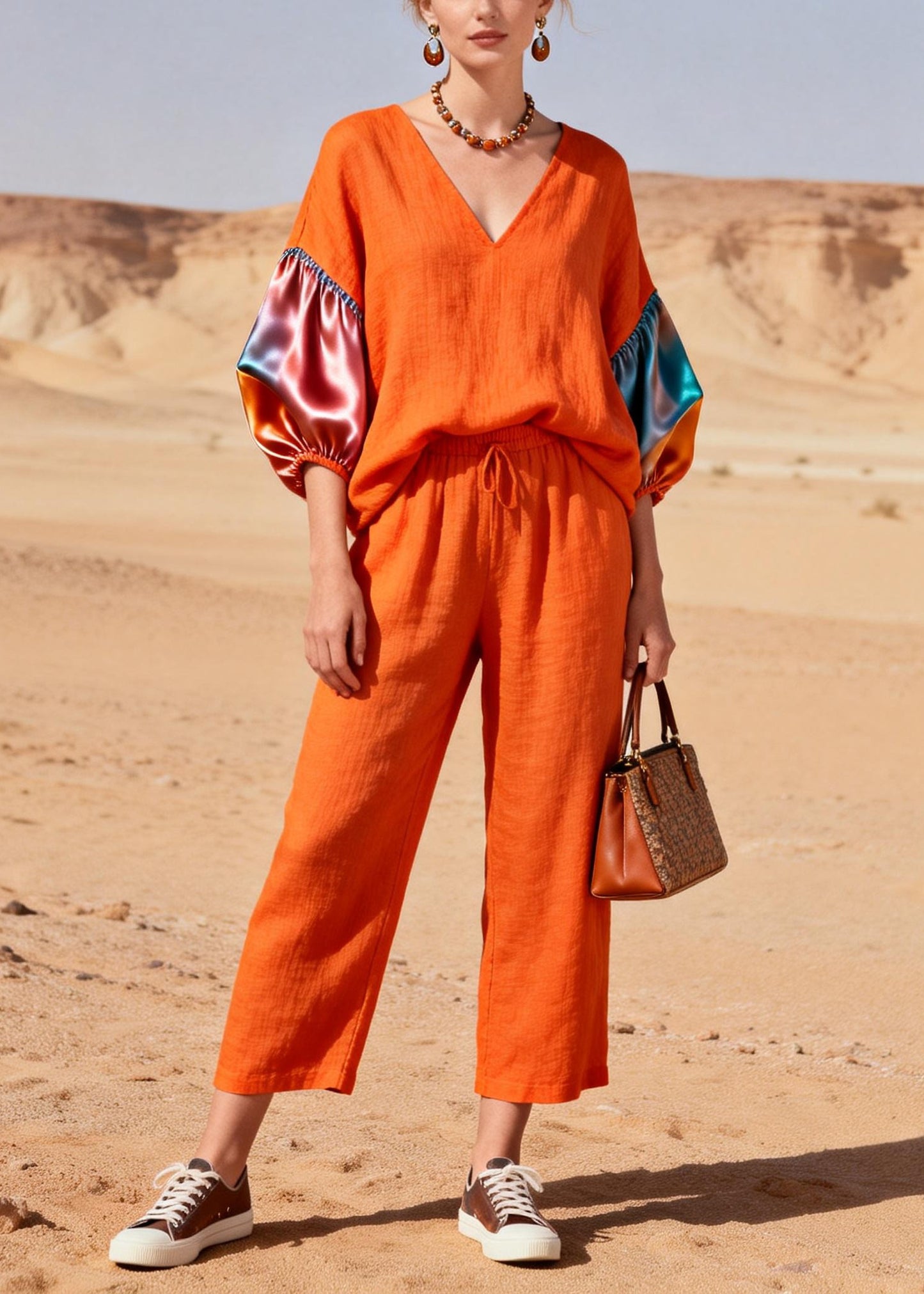 Fashion Orange V Neck Patchwork Linen 2 Piece Outfit Lantern Sleeve
