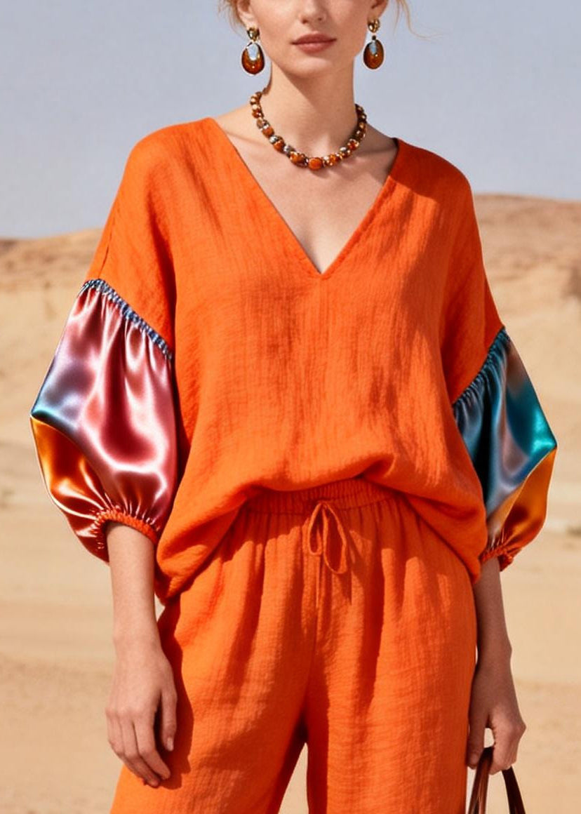 Fashion Orange V Neck Patchwork Linen 2 Piece Outfit Lantern Sleeve