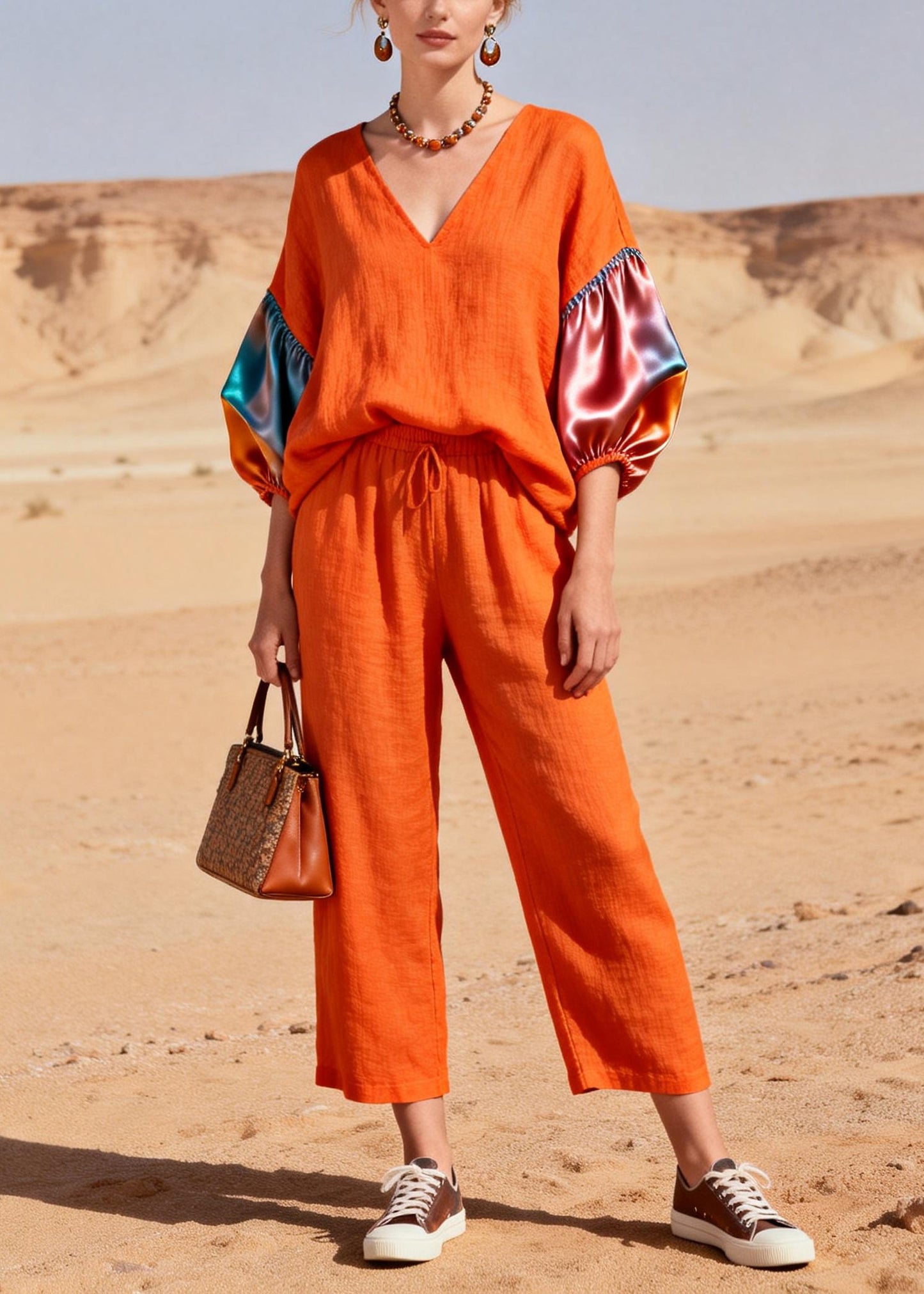 Fashion Orange V Neck Patchwork Linen 2 Piece Outfit Lantern Sleeve
