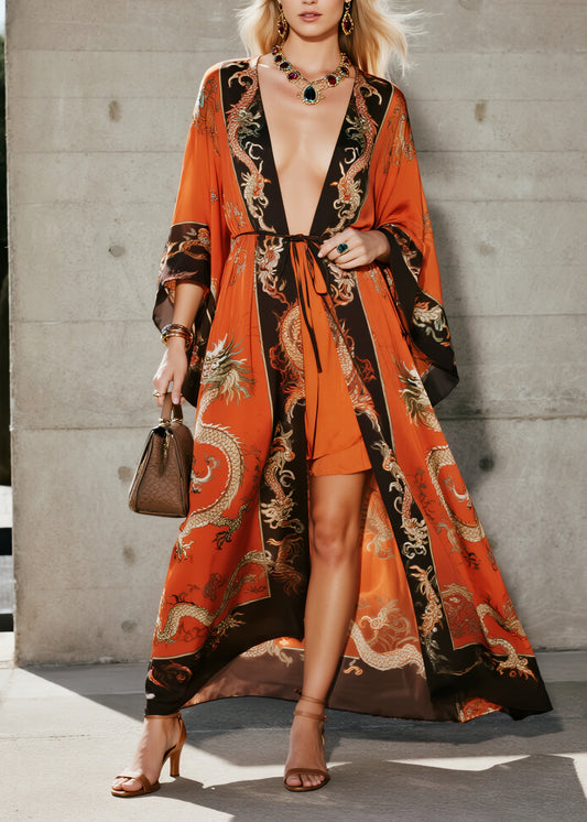 Fashion Orange V Neck Print Chiffon Loose Cardigans Summer
