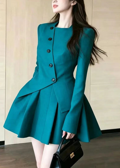 Fashion Peacock Green Asymmetrical Button Top And Short Skirts Two Piece Set Spring