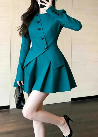 Fashion Peacock Green Asymmetrical Button Top And Short Skirts Two Piece Set Spring