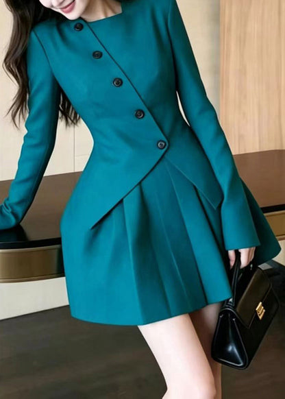 Fashion Peacock Green Asymmetrical Button Top And Short Skirts Two Piece Set Spring