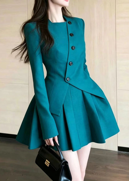 Fashion Peacock Green Asymmetrical Button Top And Short Skirts Two Piece Set Spring