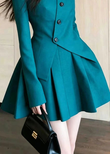 Fashion Peacock Green Asymmetrical Button Top And Short Skirts Two Piece Set Spring