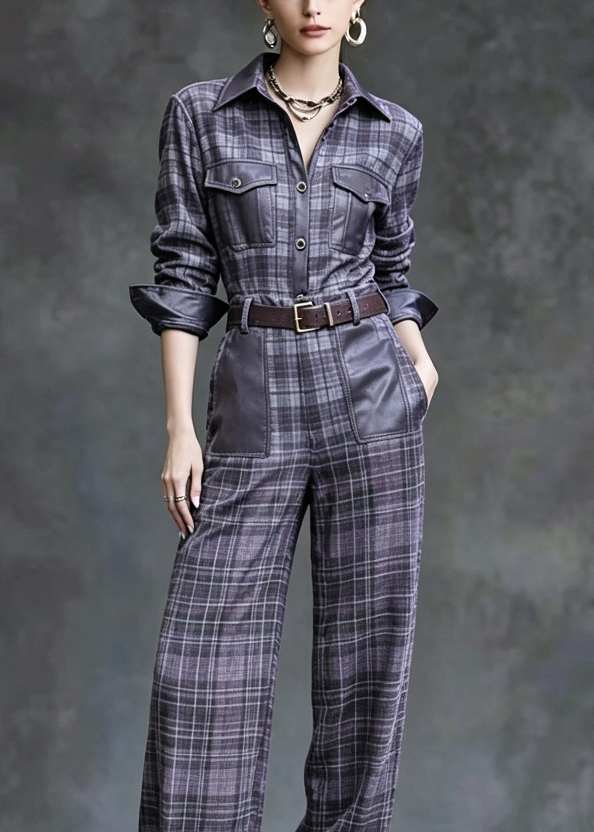 Fashion Peter Pan Collar Plaid Faux Leather Patchwork Cotton Two Pieces Set Fall