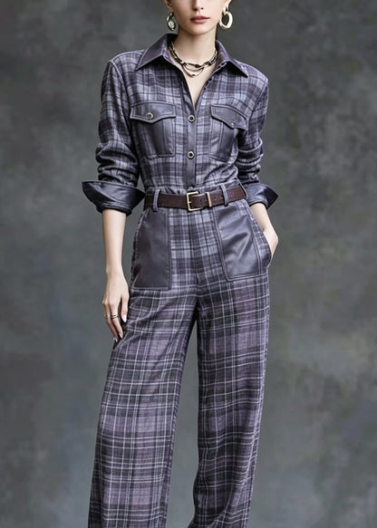 Fashion Peter Pan Collar Plaid Faux Leather Patchwork Cotton Two Pieces Set Fall