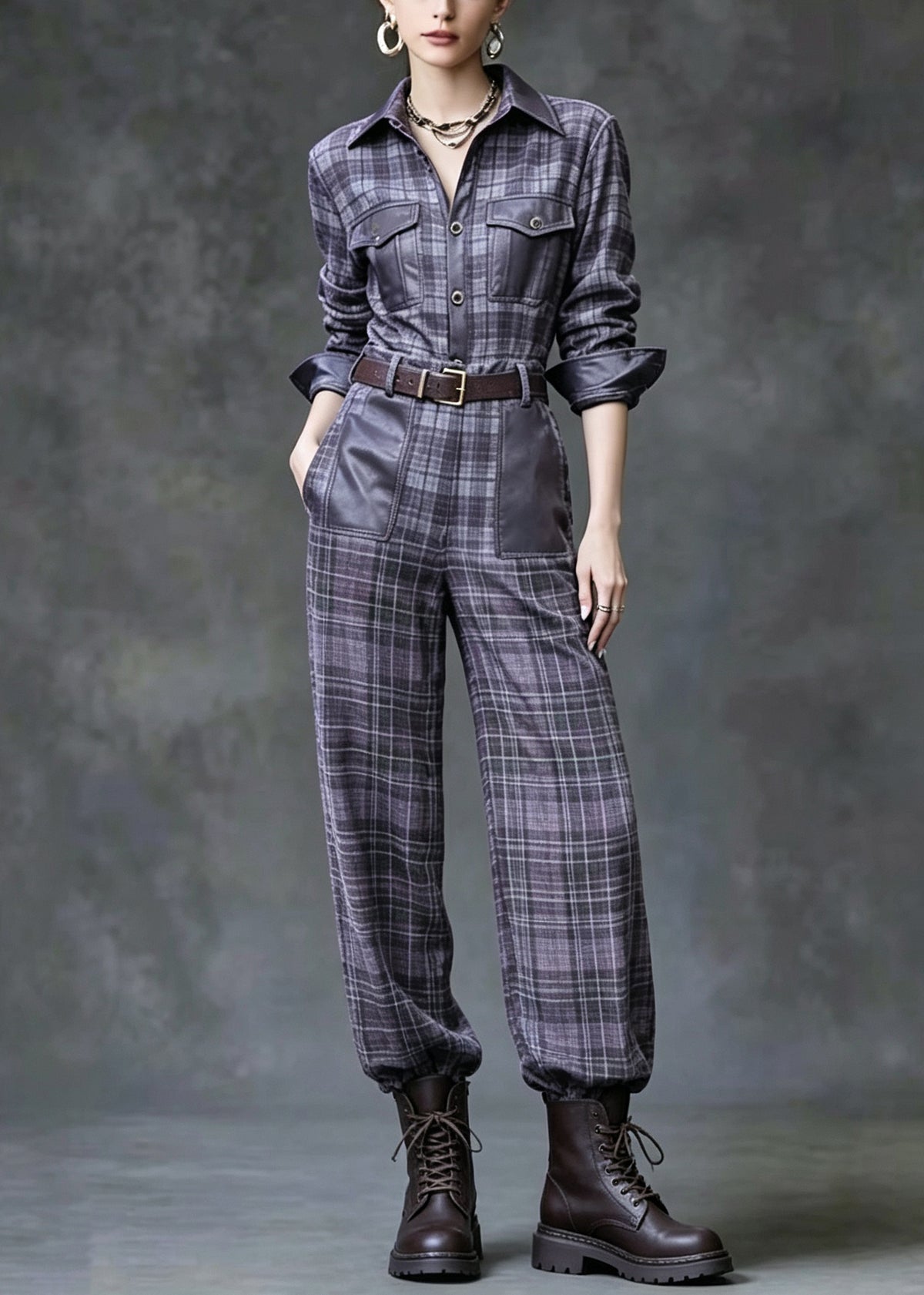 Fashion Peter Pan Collar Plaid Faux Leather Patchwork Cotton Two Pieces Set Fall