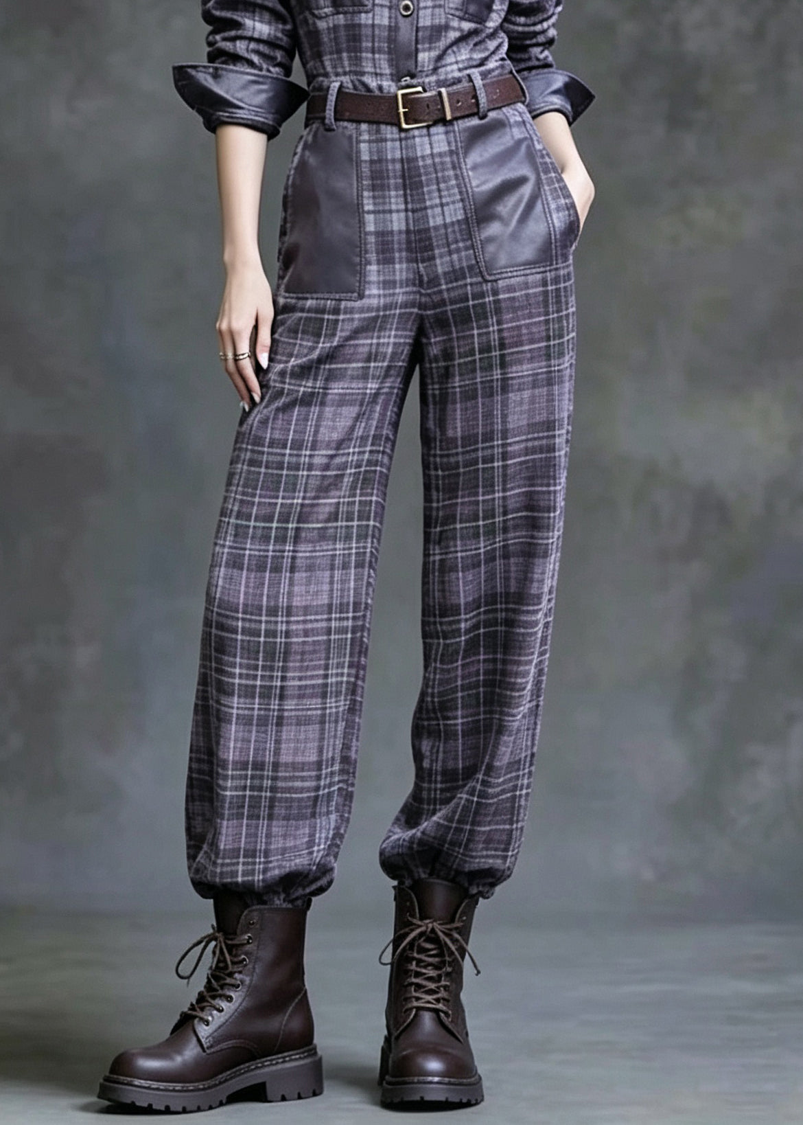 Fashion Peter Pan Collar Plaid Faux Leather Patchwork Cotton Two Pieces Set Fall