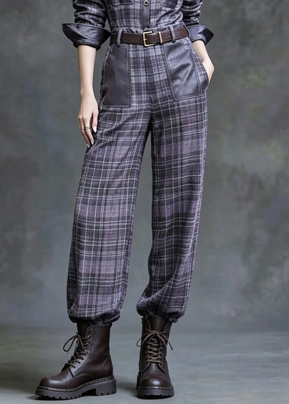 Fashion Peter Pan Collar Plaid Faux Leather Patchwork Cotton Two Pieces Set Fall