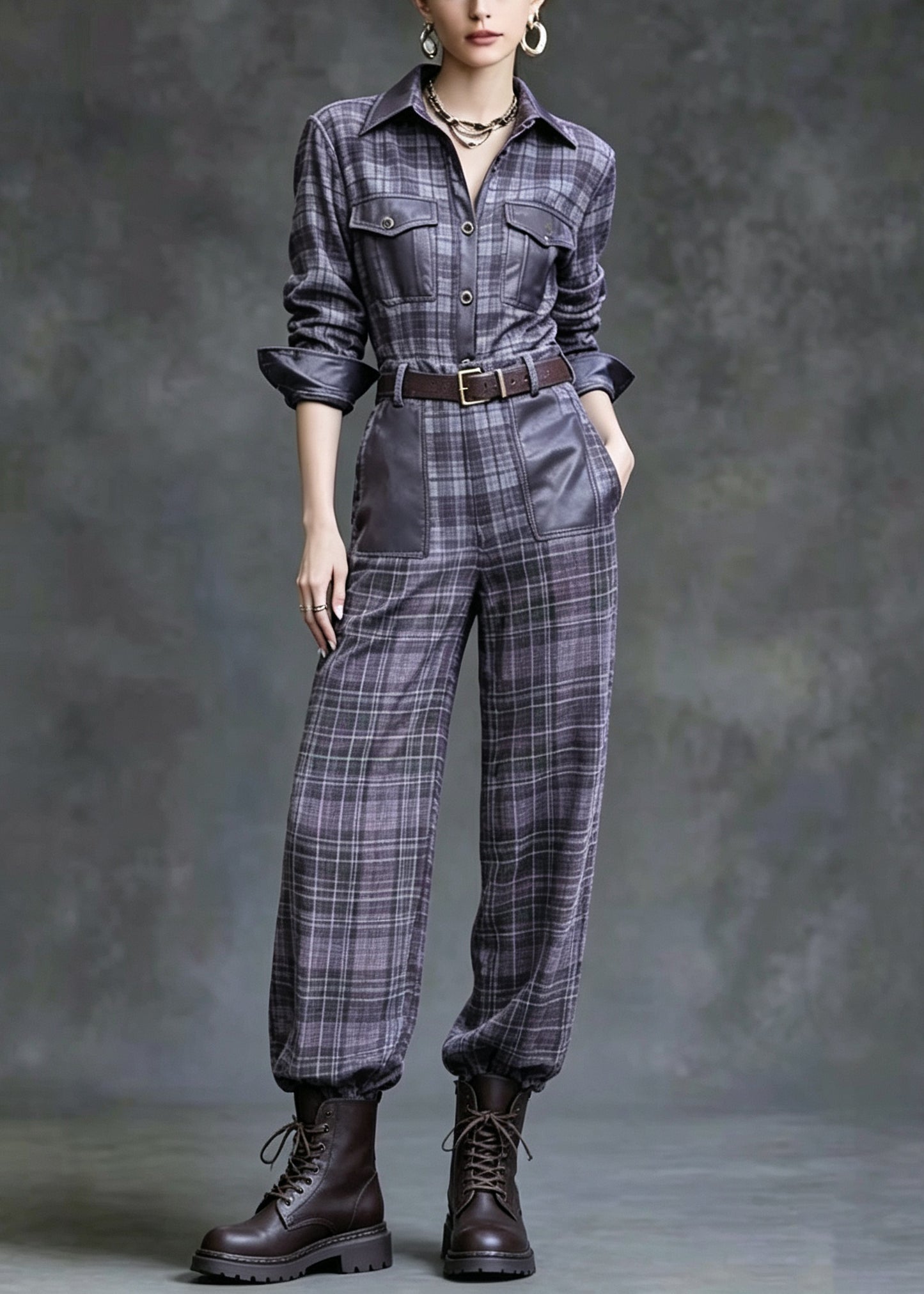 Fashion Peter Pan Collar Plaid Faux Leather Patchwork Cotton Two Pieces Set Fall