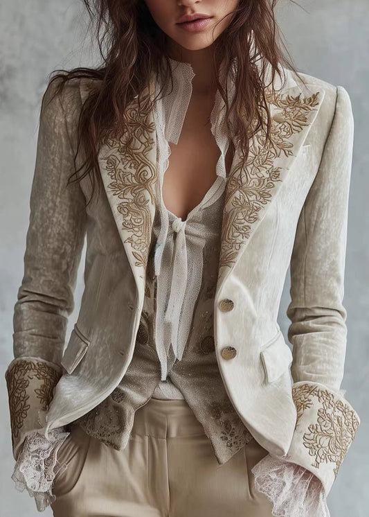 Fashion Peter Pan Collar Pockets Print Velvet Suit Coat Fall