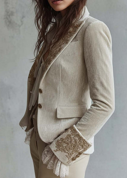 Fashion Peter Pan Collar Pockets Print Velvet Suit Coat Fall
