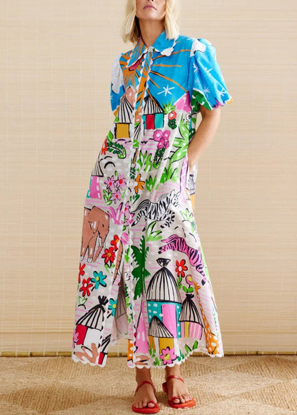 Fashion Peter Pan Collar Print Cotton Shirts Dress Summer