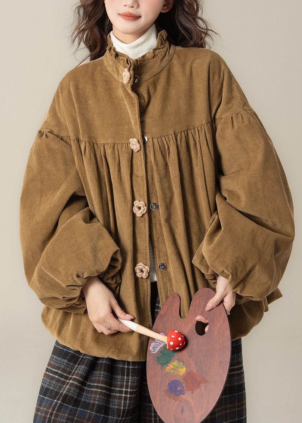 Fashion Pickled Vegetable Green Wrinkled Patchwork Corduroy Parka Winter