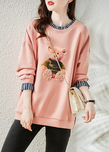 Fashion Pink Bear Patchwork Warm Fleece Sweatshirts Top Winter