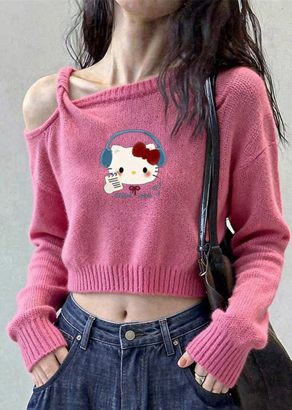 Fashion Pink Cold Shoulder Print Knit Short Sweater Winter