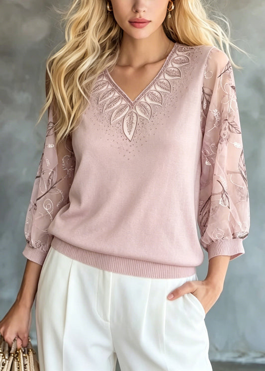 Fashion Pink Embroidered Zircon Knit Top Bracelet Sleeve