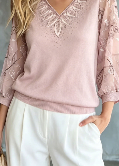 Fashion Pink Embroidered Zircon Knit Top Bracelet Sleeve