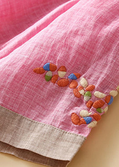 Fashion white flowers Embroidered Patchwork Linen Shirt Dress Summer