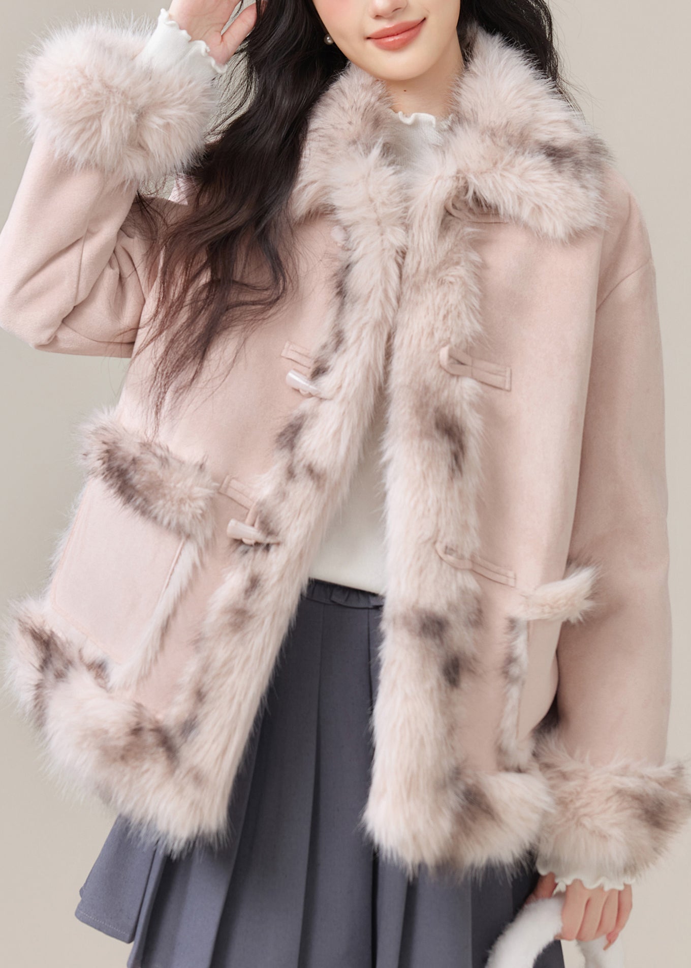 Fashion Pink Fur Collar Pockets Patchwork Warm Fleece Faux Suede Coats Winter