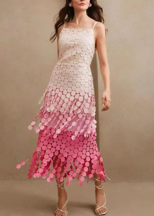 Fashion Pink Gradient Tasseled Spaghetti Strap Dress Summer