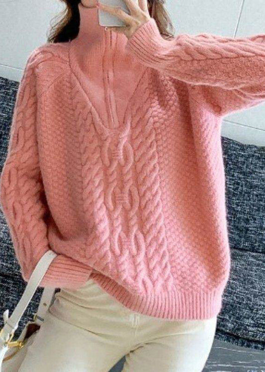 Fashion Pink High Neck Cable Knit Sweater Winter