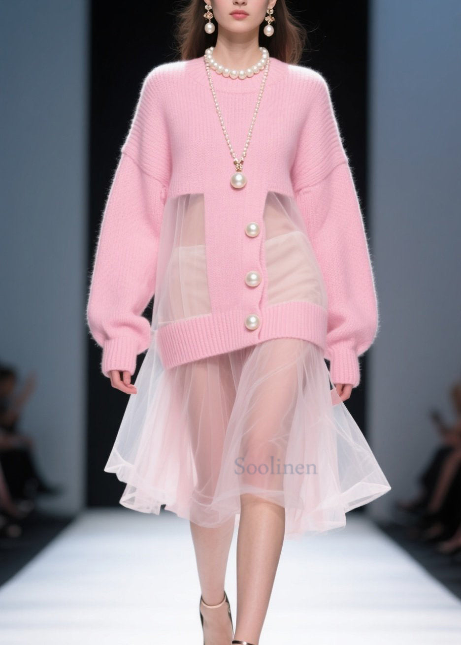 Fashion Pink O Neck Tulle Patchwork Knit Sweater Dress Fall