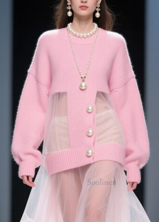Fashion Pink O Neck Tulle Patchwork Knit Sweater Dress Fall