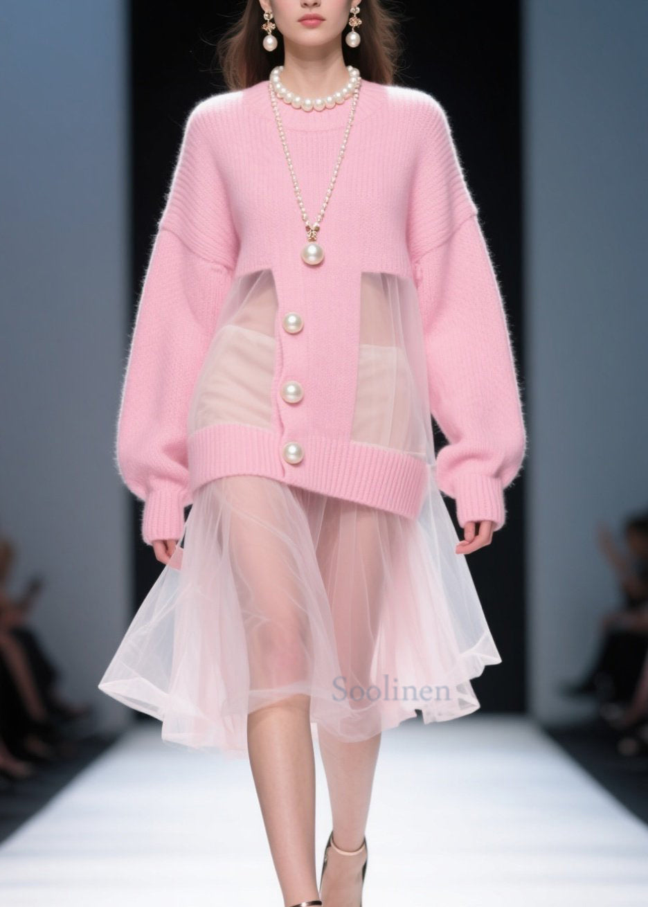 Fashion Pink O Neck Tulle Patchwork Knit Sweater Dress Fall