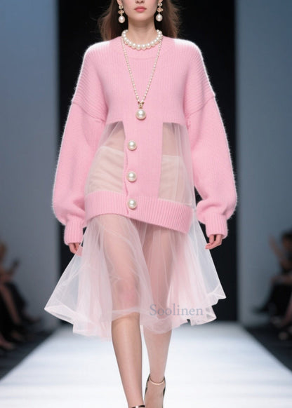 Fashion Pink O Neck Tulle Patchwork Knit Sweater Dress Fall