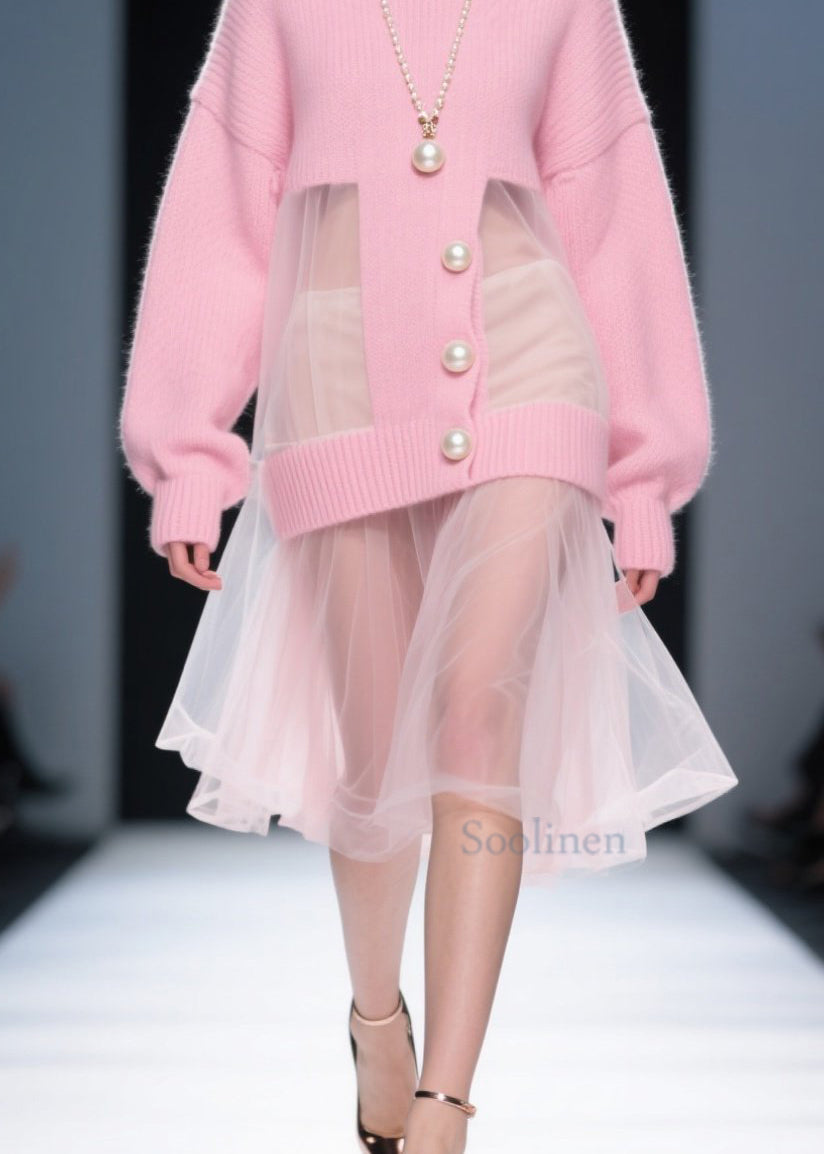 Fashion Pink O Neck Tulle Patchwork Knit Sweater Dress Fall