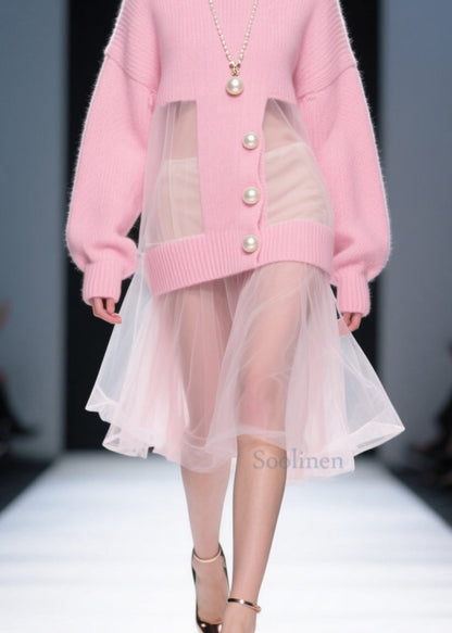 Fashion Pink O Neck Tulle Patchwork Knit Sweater Dress Fall