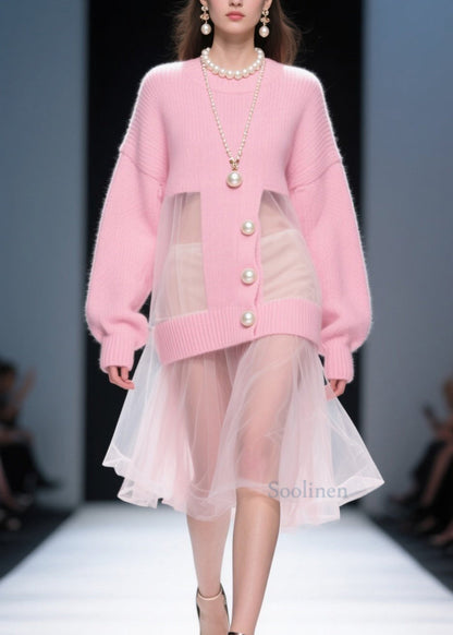 Fashion Pink O Neck Tulle Patchwork Knit Sweater Dress Fall