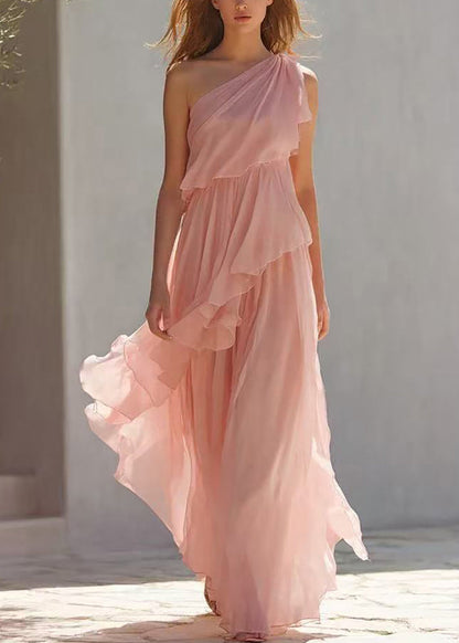 Fashion Pink One Shoulder Asymmetrical Layered Long Dresses Summer