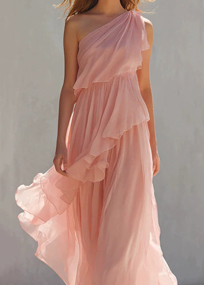 Fashion Pink One Shoulder Asymmetrical Layered Long Dresses Summer