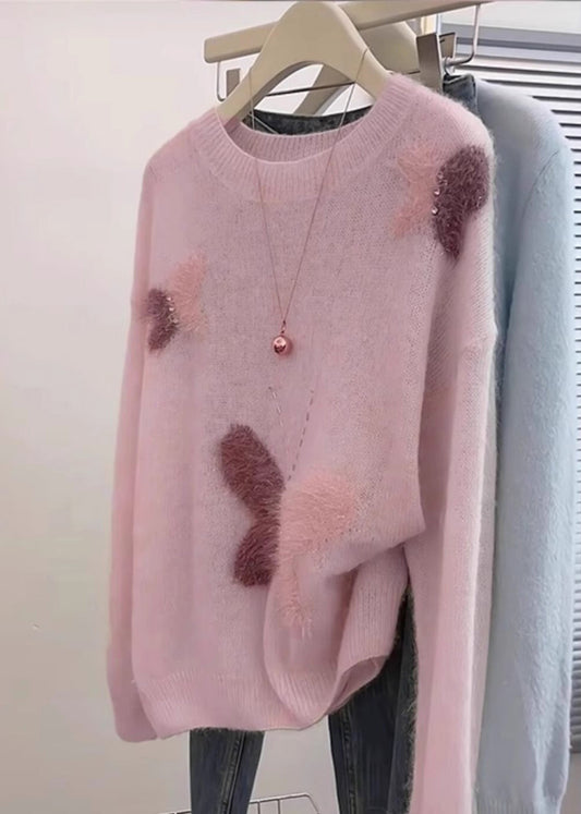 Fashion Pink Oversized Butterfly Knit Short Sweater Spring