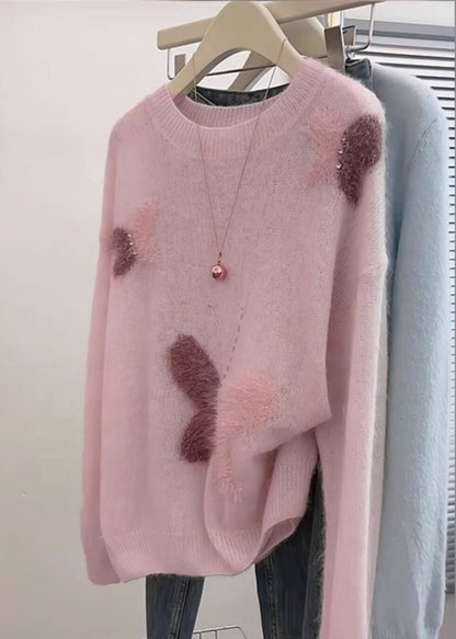 Fashion Pink Oversized Butterfly Knit Short Sweater Spring
