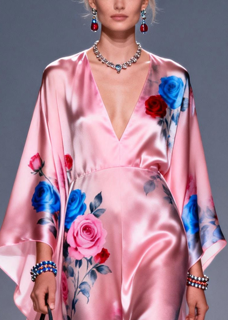 Fashion Pink Oversized Floral Print Silk Vacation Dress Summer