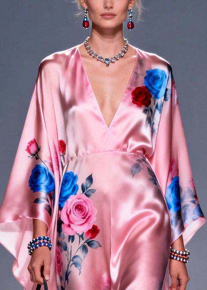 Fashion Pink Oversized Floral Print Silk Vacation Dress Summer