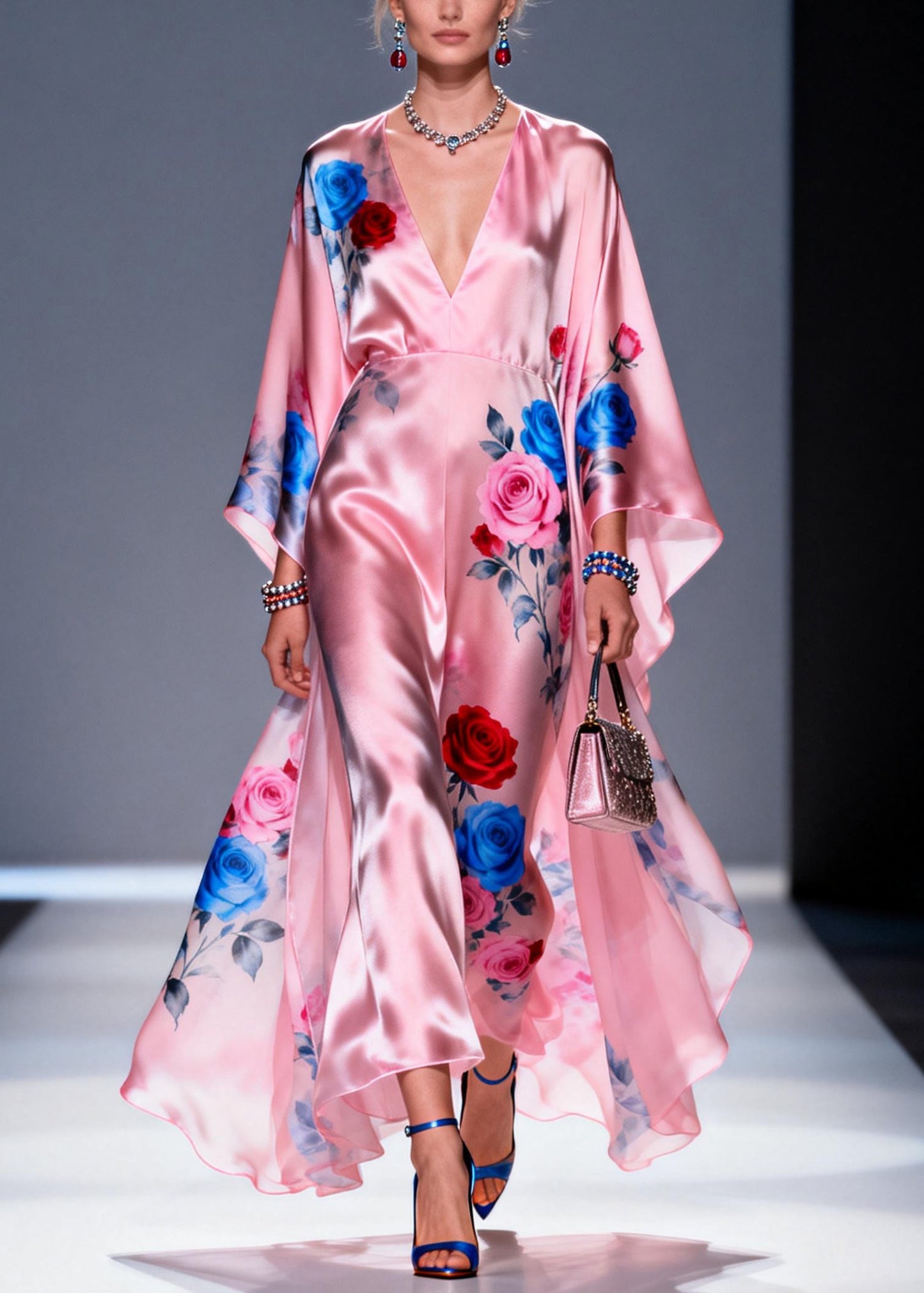 Fashion Pink Oversized Floral Print Silk Vacation Dress Summer