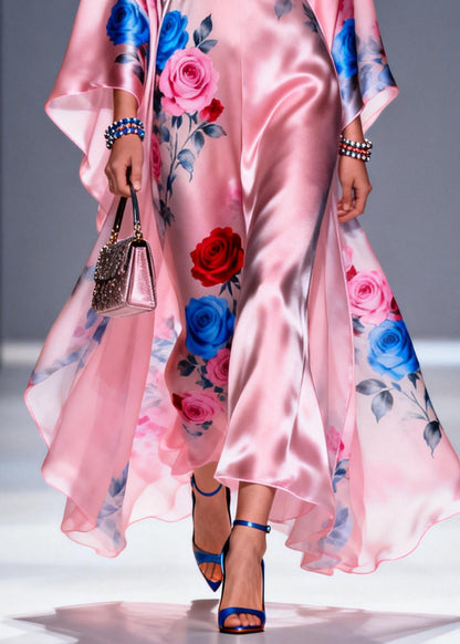Fashion Pink Oversized Floral Print Silk Vacation Dress Summer