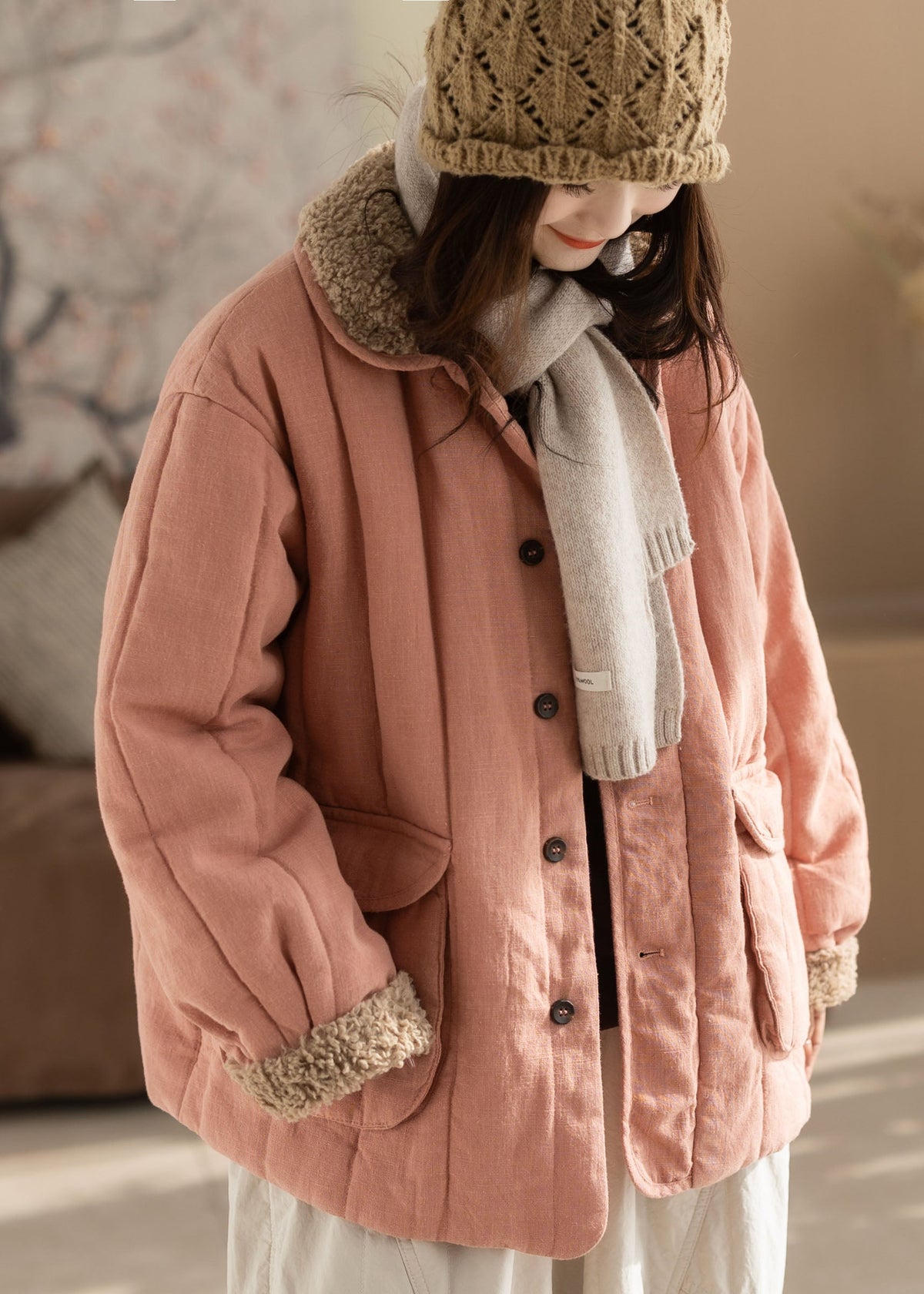 Fashion Pink Oversized Pockets Fine Cotton Filled Trench Winter